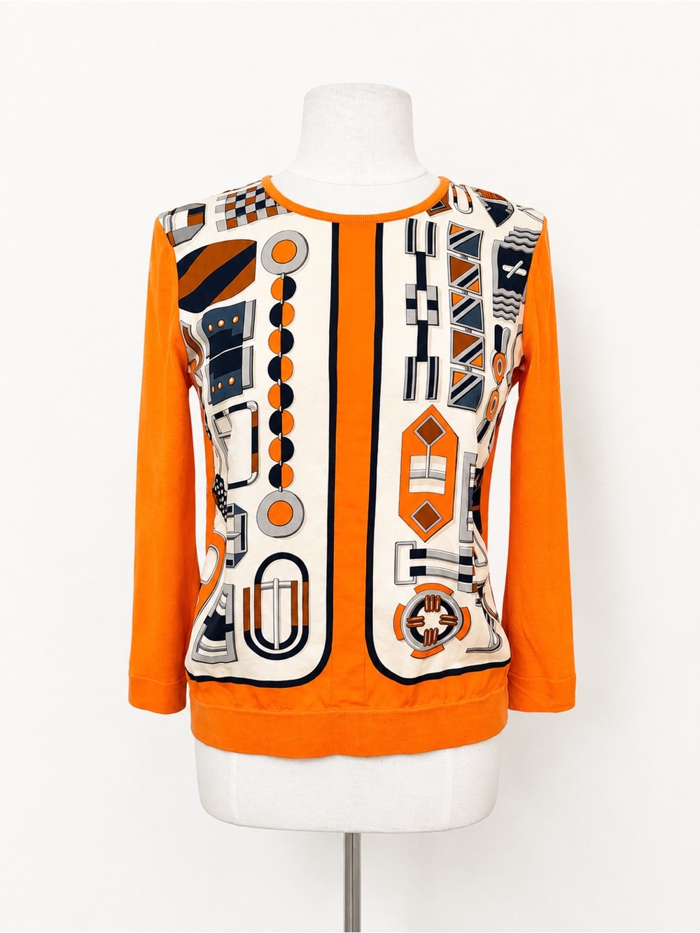 Hermes Paris Authentic Silk Orange Knit Sweater Blouse 36 Scarf Panel Equestrian